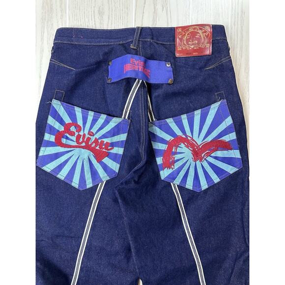 Y2k EVISU Heritage Front Butt Pockets Japanese Denim Pants Jeans W34 Jnco - Picture 7 of 8